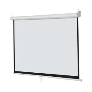 LW MPS-200M manual projector screen measuring 200 by 200 cm mounted on a wall for boardroom presentations.