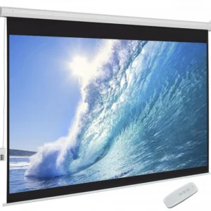 A large 94 inch by 94 inch manual pull-down projection screen by LW fully extended for a crisp home cinema experience.