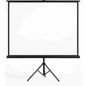 A square 70 inch by 70 inch portable projection screen with tripod stand by LW fully extended for an outdoor movie night.
