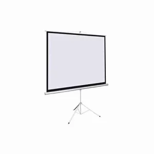 A square 78 inch by 78 inch portable projection screen with an adjustable tripod stand by LW fully extended for indoor presentations.