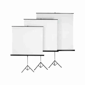 A large square 94 inch by 94 inch portable projection screen with an adjustable tripod stand by LW fully extended for outdoor public viewings.