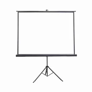 Portable tripod projector screen measuring 203 by 203 cm set up on a sturdy three-legged stand for mobile business presentations.
