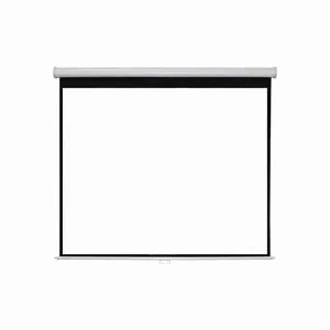 A square 80 inch by 80 inch manual projection screen fully extended in a modern home theater setup