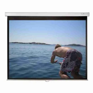 Manual pull-down projector screen measuring 203 by 203 cm mounted on a wall for office business presentations.
