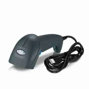 Handheld Syble XB-2055 1D laser barcode reader resting securely in its adjustable hands-free desktop presentation stand.