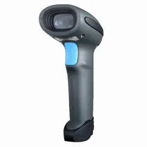 Handheld Syble XB-6255M wired 2D barcode reader resting in its flexible, adjustable hands-free desktop presentation stand.