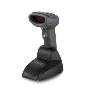 Syble XB-6266MBT 2D wireless barcode scanner resting in its upright smart charging and data communication cradle base.