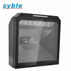 Compact Syble XB-8808G hands-free presentation scanner with an adjustable tilting base for easy capturing of printed and digital 1D and 2D barcodes.