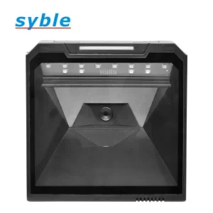 Syble XB-8808G 2D desktop barcode scanner featuring an omnidirectional hands-free design and a wide scanning window for high-volume retail checkouts.