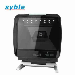 Syble XB-8809H 2D desktop barcode scanner featuring a heavy-duty metal base and a large omnidirectional scanning window for stable point-of-sale operations.