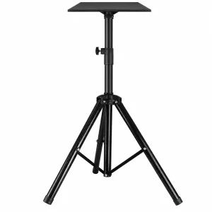 A heavy-duty portable projector stand up to 1.2 meters high with a secure non-slip top platform holding a digital projector.