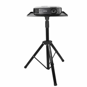 TC-PS-120 adjustable projector stand fully extended to 1.2 meters on a stable three-legged metal tripod base for business presentations.