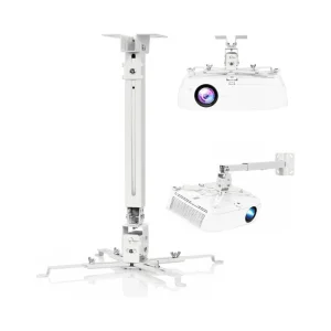 Universal ceiling mount for projector installed securely to a boardroom ceiling holding a white digital projector.