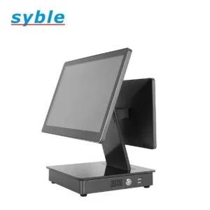 Heavy-duty XB-S82 double-screen POS terminal showcasing its sleek minimalist stand housing an Intel Core i5 processor, 8GB RAM, and 256GB SSD storage.