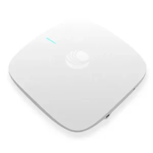 Close-up view of the rear of the Cambium cnPilot e410 access point, showing the integrated Gigabit Ethernet port and Power over Ethernet connection slot.