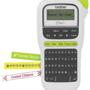 Front view of the Brother PT-H110 handheld label printer showing its ergonomic casing, physical QWERTY keyboard, and crisp graphic LCD screen.