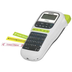 Close-up view of the Brother PT-H110 display and control interface, highlighting the quick-access keys for fonts, frames, and pre-designed label layouts.