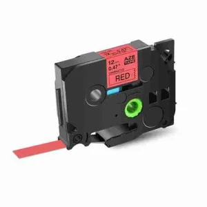 Front view of the 12mm TZ2-431 compatible label cartridge showing its compact frame and clear view window revealing the internal red tape roll.