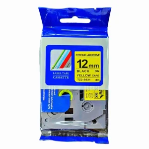Front view of the 12mm TZ2-631 compatible label cartridge showing its compact frame and clear view window revealing the internal yellow tape roll.