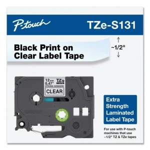 Front view of the 12mm WZC-S131 strong-adhesive compatible label cartridge showing its compact frame and clear view window revealing the internal clear tape roll.