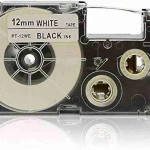 Front view of the 12mm Casio PT-12WE compatible label cartridge showing its compact frame and clear view window revealing the internal white tape roll.