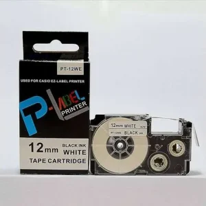 Close-up view of the PT-12WE cartridge output guide channel highlighting the pre-aligned 12mm white laminated media strip and protective overlay.