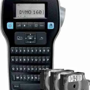 Front view of the DYMO LabelManager 160 portable label printer showing its compact hand-held design, QWERTY keyboard, and easy-to-read LCD display.