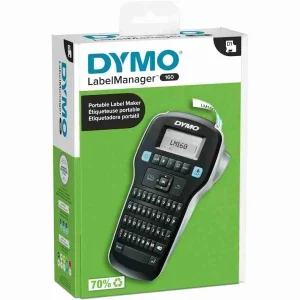 Close-up view of the DYMO LabelManager 160 display and control panel, highlighting the smart one-touch formatting keys for text size, bolding, and vertical printing.