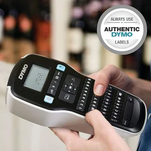 Side profile view of the DYMO LabelManager 160 with its tape compartment open, showing the easy snap-in installation of a D1 label cartridge.