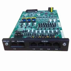 NEC IP7WW-308U-A1 expansion card displaying the three analog trunk ports and eight hybrid extension interfaces.