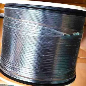 Premium NEXA 2-core single-mode optical drop cable showing the protective outer jacket and internal strength members for overhead aerial deployment.