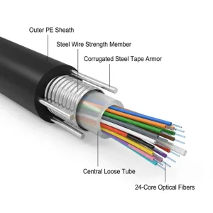 Premium NEXA 12-core single-mode G652D optical fiber cable showcasing the moisture-resistant gel-filled tube and corrugated steel tape armor protection.