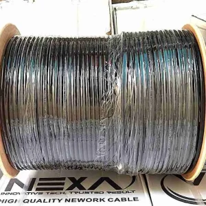 Heavy-duty NEXA UTP Cat6 outdoor CCA cable 305M roll featuring a weather-resistant black PE jacket for external network installations.