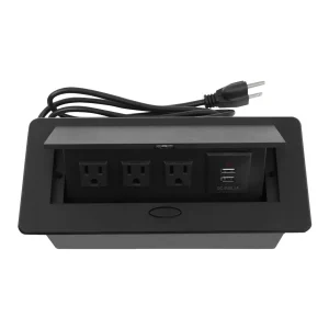 Premium Nexa black flip-up desktop media and power outlet opened to reveal multimedia connections and power ports for workspaces.