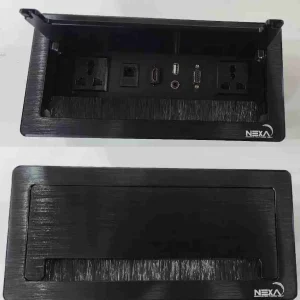Low-profile Nexa black flip-up multi-outlet tabletop socket designed for seamless cable management in executive boardrooms.