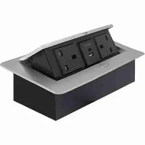Premium Nexa silver flip-up desktop media and power outlet opened to reveal multimedia connections and power ports for workspaces.