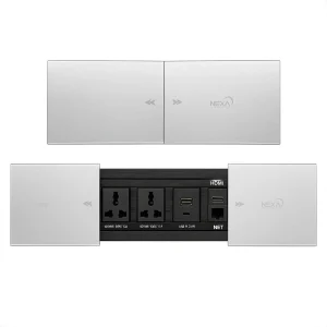 Premium Nexa silver sliding cover desktop power outlet open to reveal integrated power and multimedia ports for clean workstation connectivity.