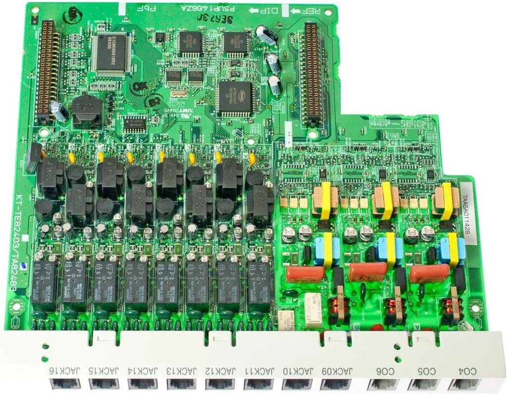 Panasonic KX-TE82480SX 2x8 expansion card showing the green main circuit board and gold multi-pin connector.