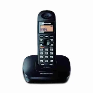 Panasonic KX-TG3611BX cordless phone handset resting upright in its compact charging base station.
