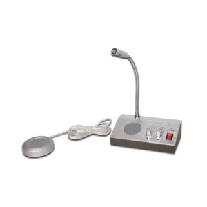 Panatron DL-988 two-way counter intercom system showing the aluminum alloy main station and the round external speaker.