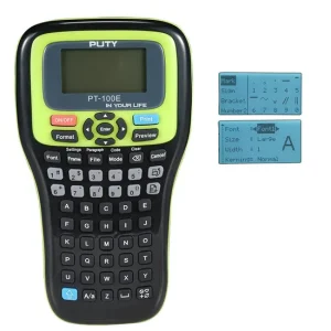 Front view of the Puty PT-100E portable label printer showing its rugged handheld casing, built-in display screen, and QWERTY keypad.