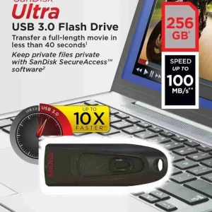 High speed SanDisk Ultra black USB flash drive on a plain background ready for data storage.