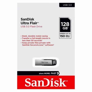 High speed SanDisk Ultra Flair metal thumb drive highlighting the durable plastic keyring loop design.