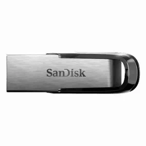 Front view of the 128 gigabyte SanDisk Ultra Flair USB drive showing the clean metallic casing look.