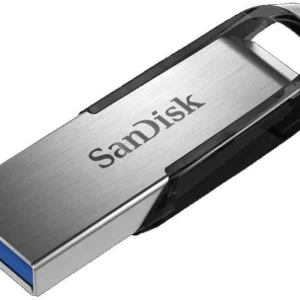 SanDisk Ultra Flair 128GB USB 3.0 flash drive SDCZ73-128G-G46 showing the sleek silver metal finish.