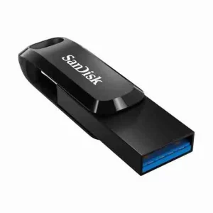 Front view of the 256 gigabyte SanDisk Ultra Dual USB Type-C flash drive highlighting the keyring loop design.