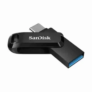 Compact black SanDisk Ultra Dual Drive Go showcasing the slim form factor for modern laptops and smartphones.