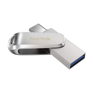 Premium SanDisk Ultra Dual Drive Luxe all metal thumb drive with the protective swivel cover open.