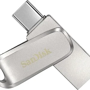 Front view of the 64 gigabyte SanDisk Ultra Dual Luxe Type-C drive highlighting the heavy duty keyring attachment loop.