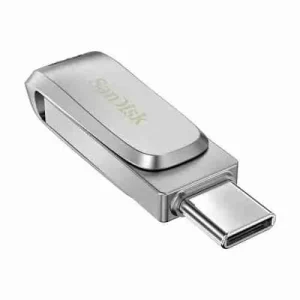 SanDisk Ultra Dual Drive Luxe 64GB metal flash drive SDDDC4-064G-G46 showing both the USB-C and USB-A connections.